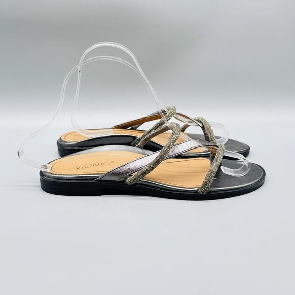 Vionic Sandals Womens 6.5 Silver Metallic Prism Rhinestone Strap Slide Comfort - Picture 1 of 11